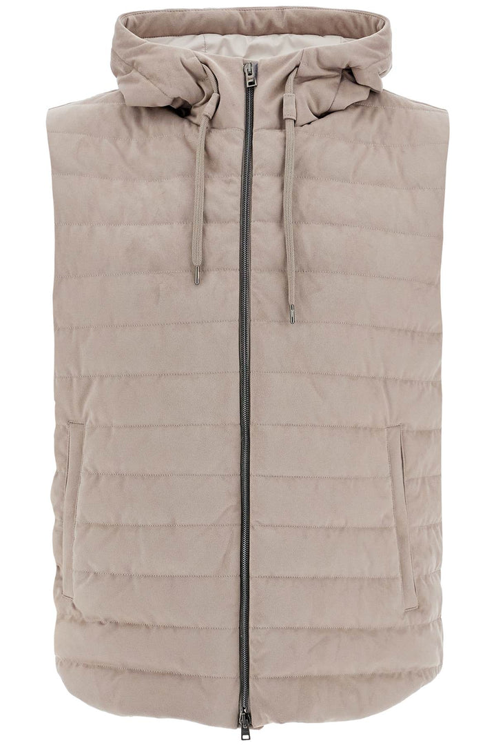 sleeveless down jacket in dove gray polyester with quilted hood-0