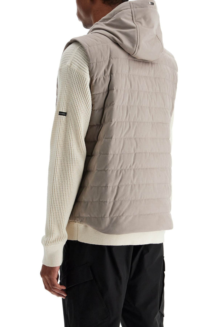 sleeveless down jacket in dove gray polyester with quilted hood-2