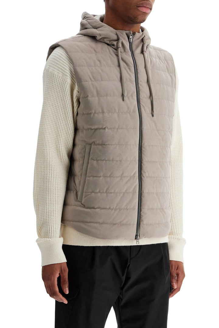 sleeveless down jacket in dove gray polyester with quilted hood-1