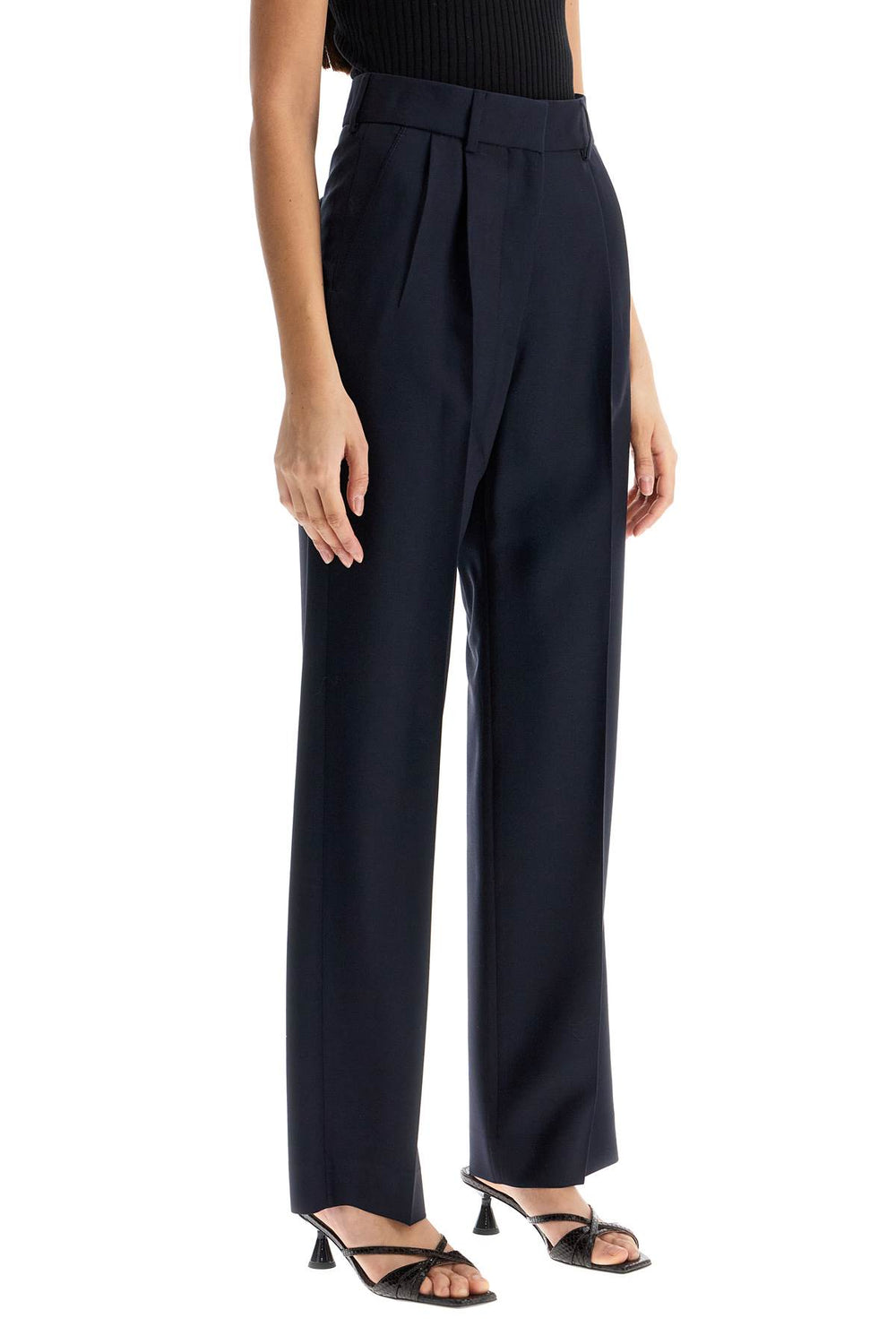 navy blue virgin wool and mohair high-waisted pants-1