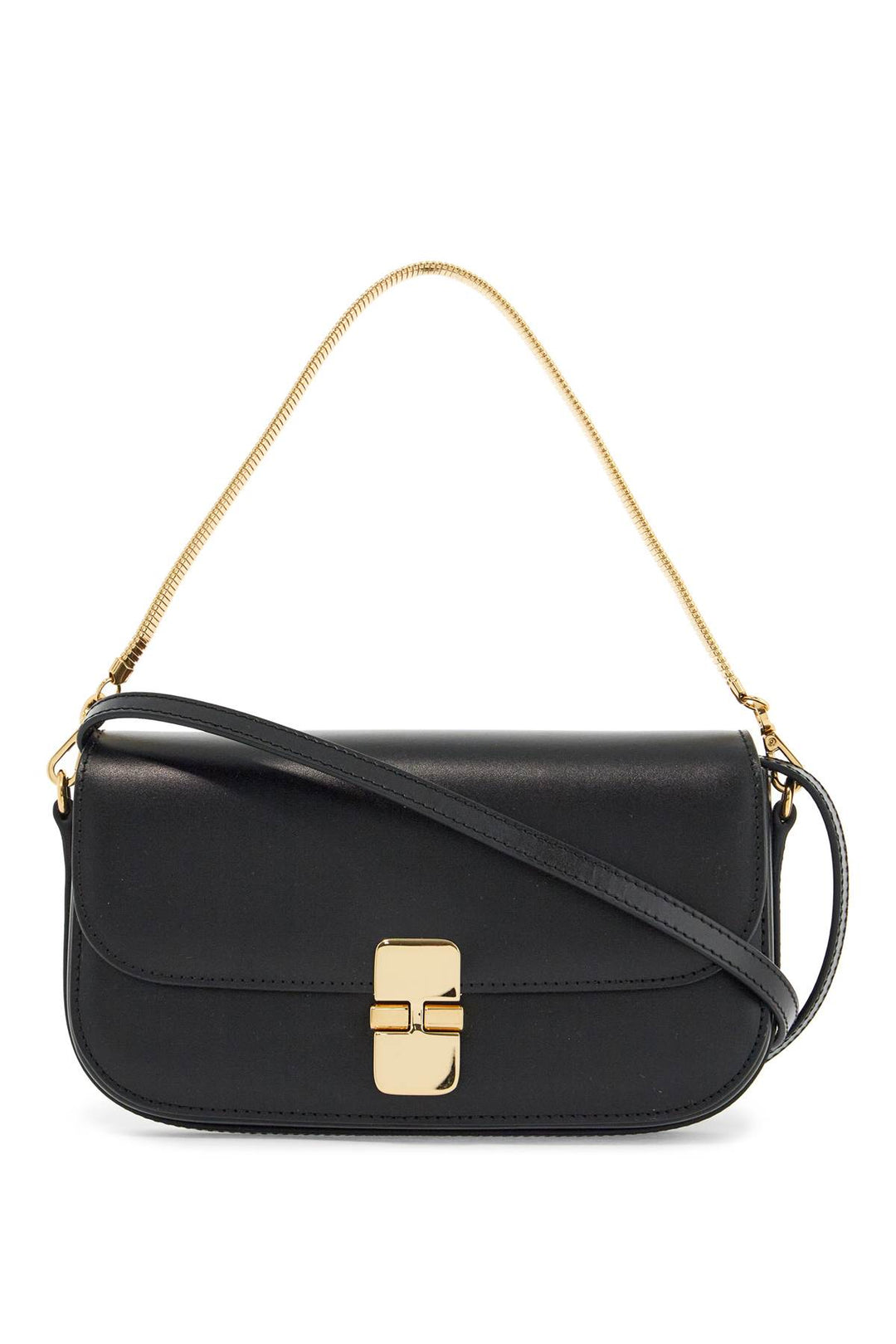 elegant black leather clutch with shoulder strap and gold chain-0