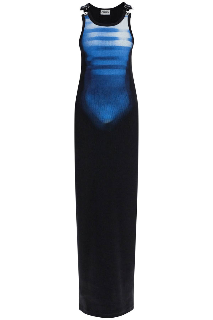 long fitted sleeveless dress in black and blue ribbed cotton-0