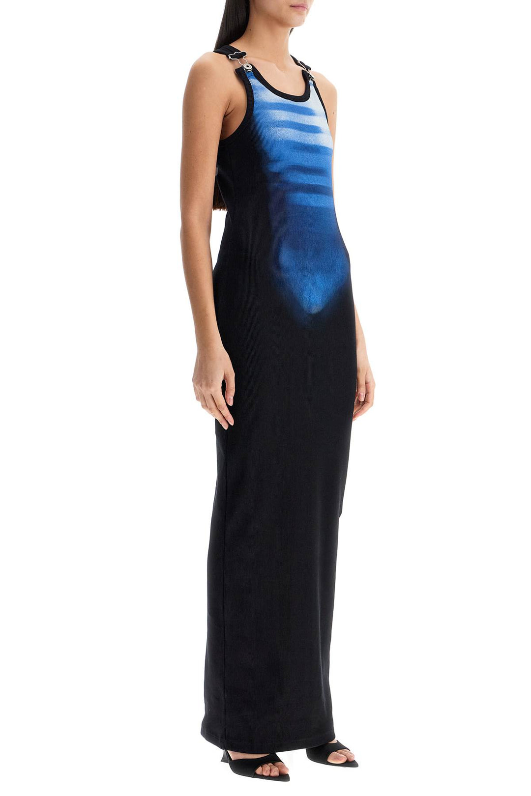 long fitted sleeveless dress in black and blue ribbed cotton-1