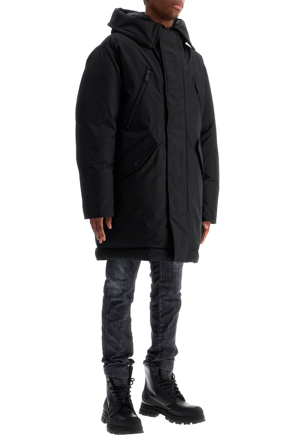 black techno down polyester parka with hood-1