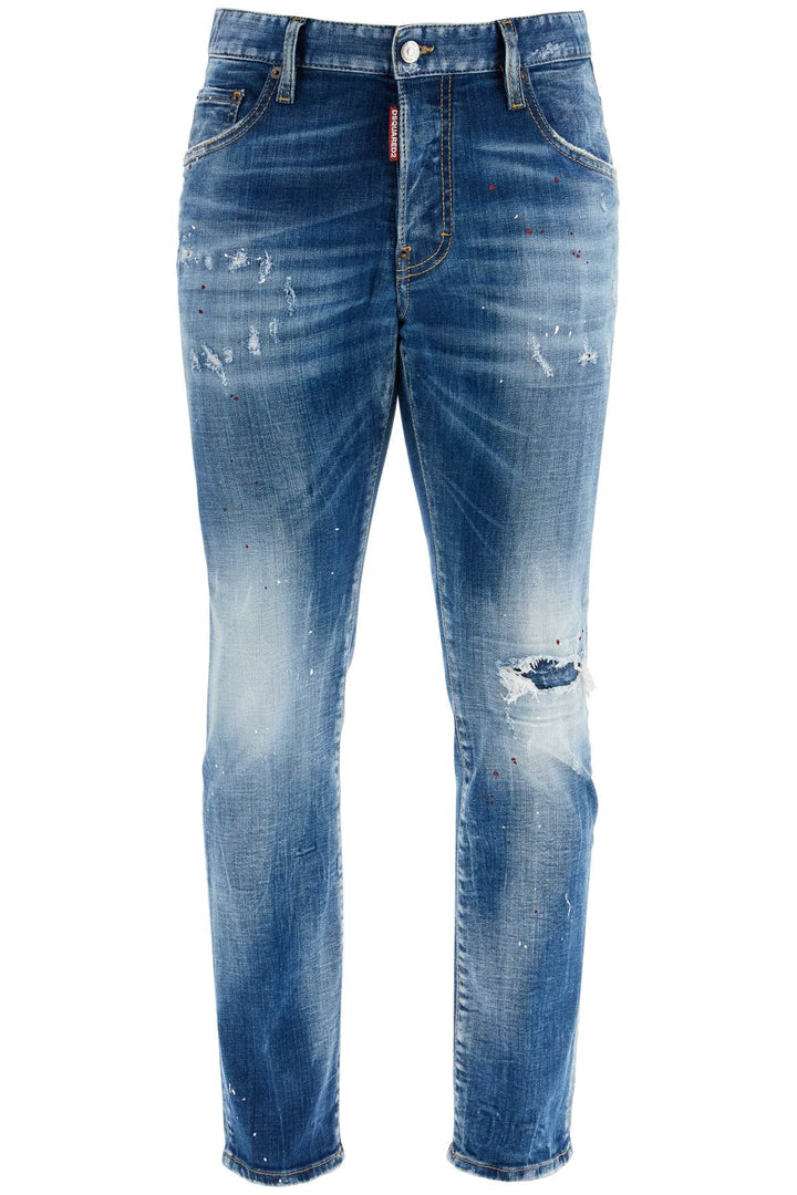 slim fit navy blue used effect jeans-0