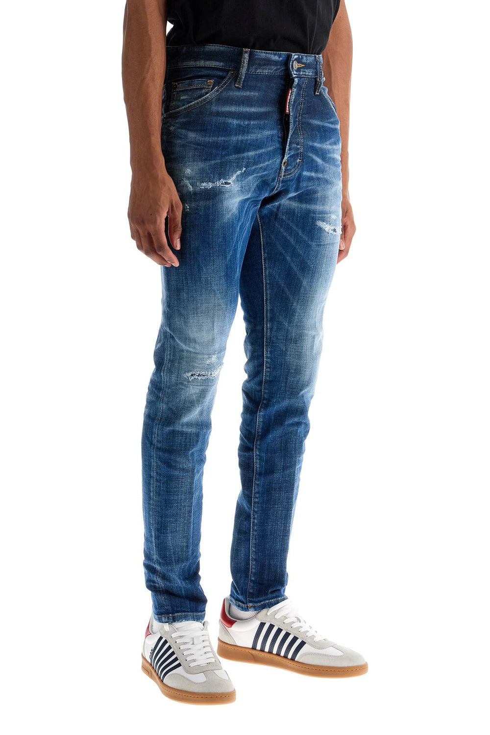 navy blue cotton jeans with worn effect 5 pockets-1