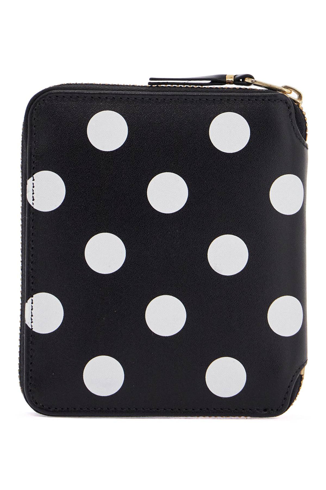 black leather wallet with white polka dots and gold zip-2