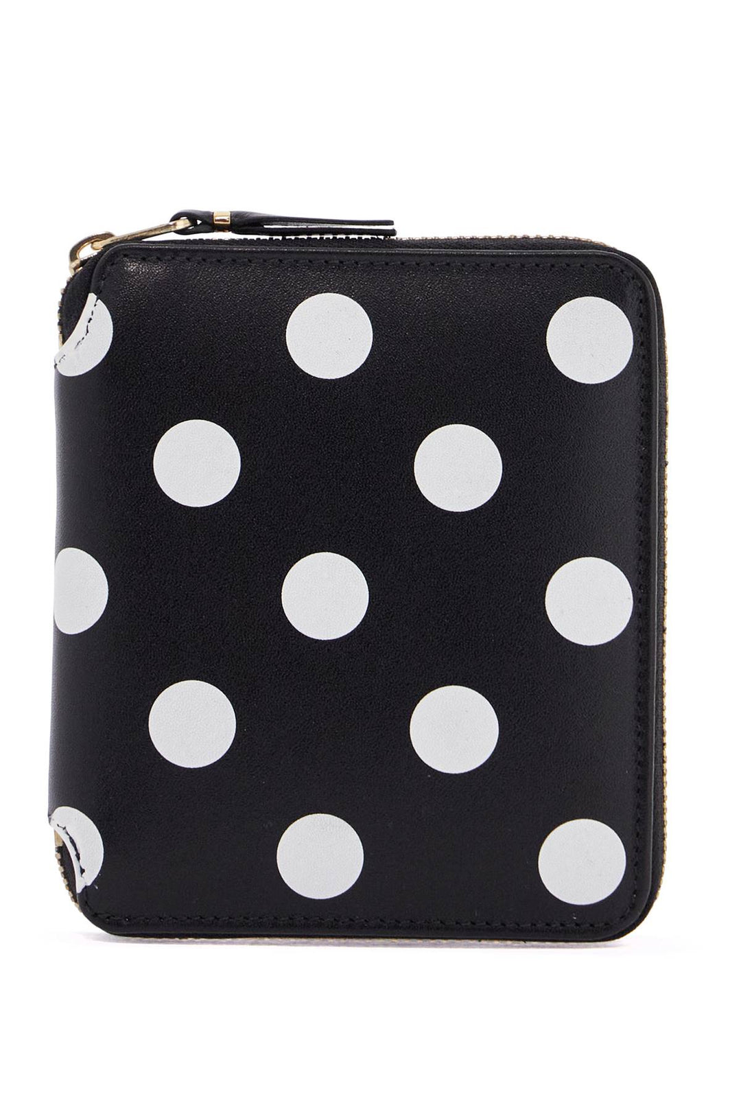 black leather wallet with white polka dots and gold zip-0