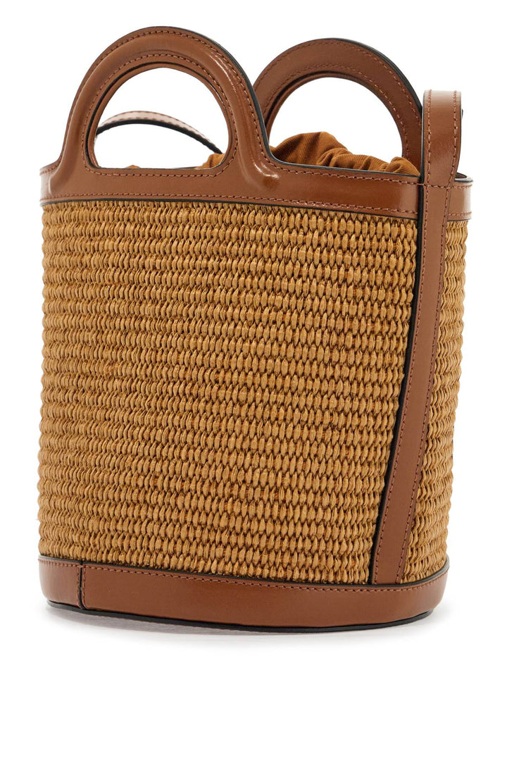 light brown woven fabric and leather bag with circular handles-1