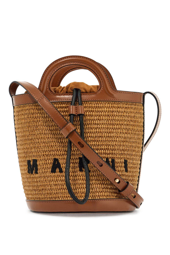 light brown woven fabric and leather bag with circular handles-0