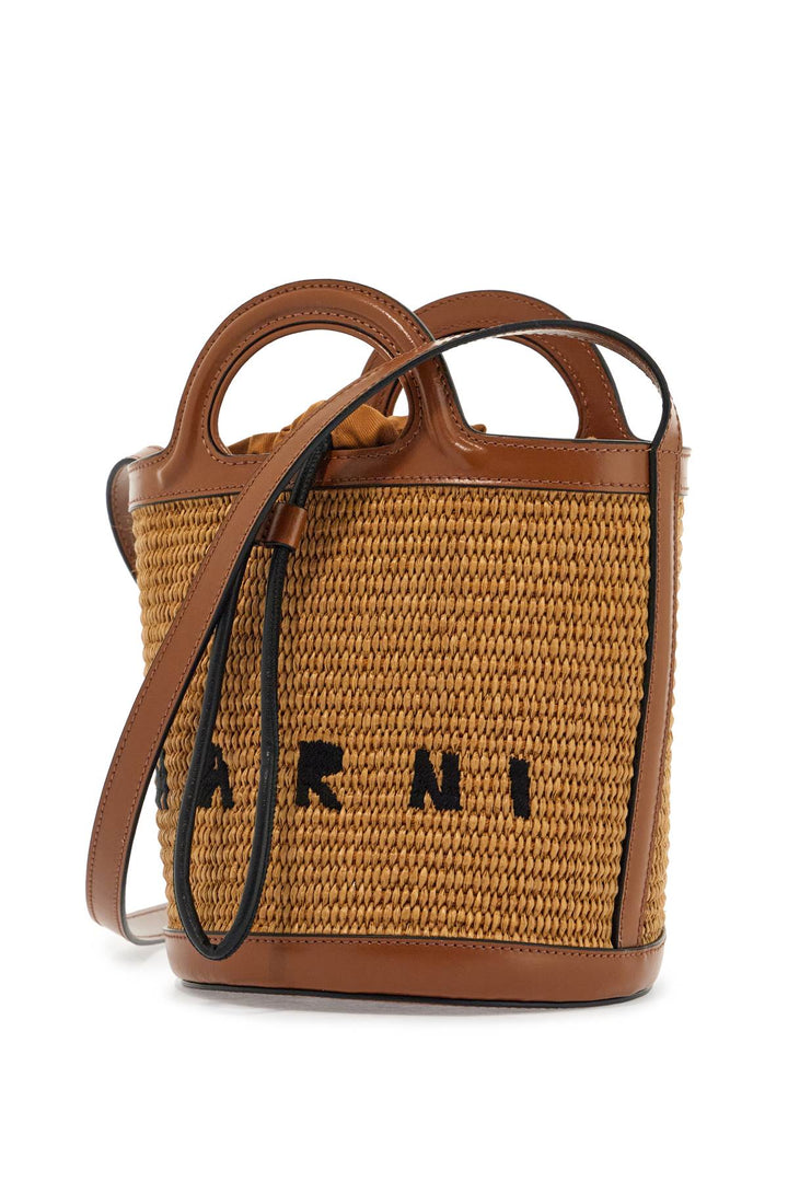 light brown woven fabric and leather bag with circular handles-2