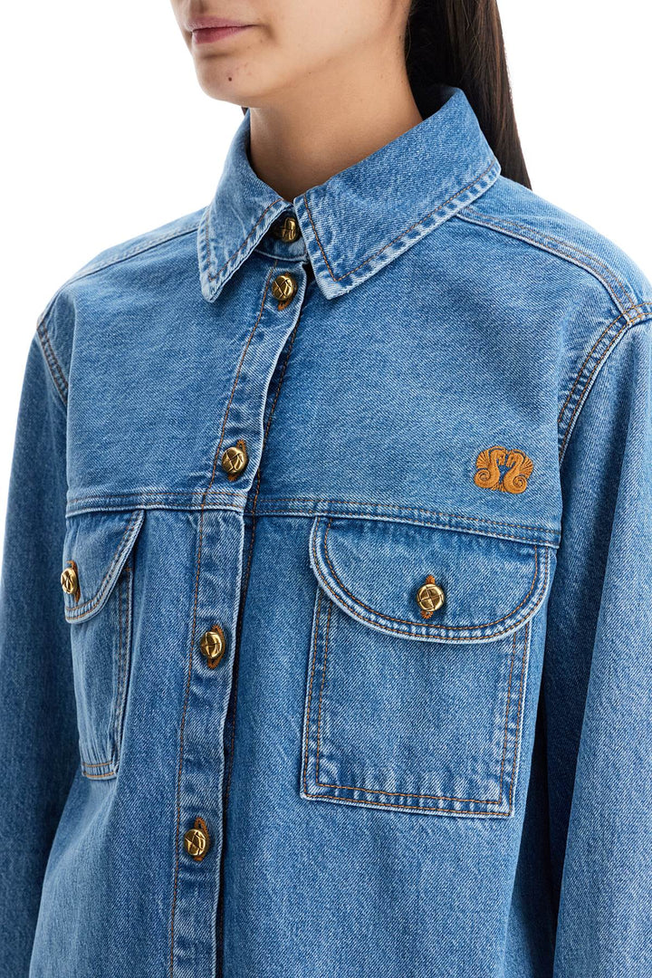 blue denim shirt in cotton with high collar-3