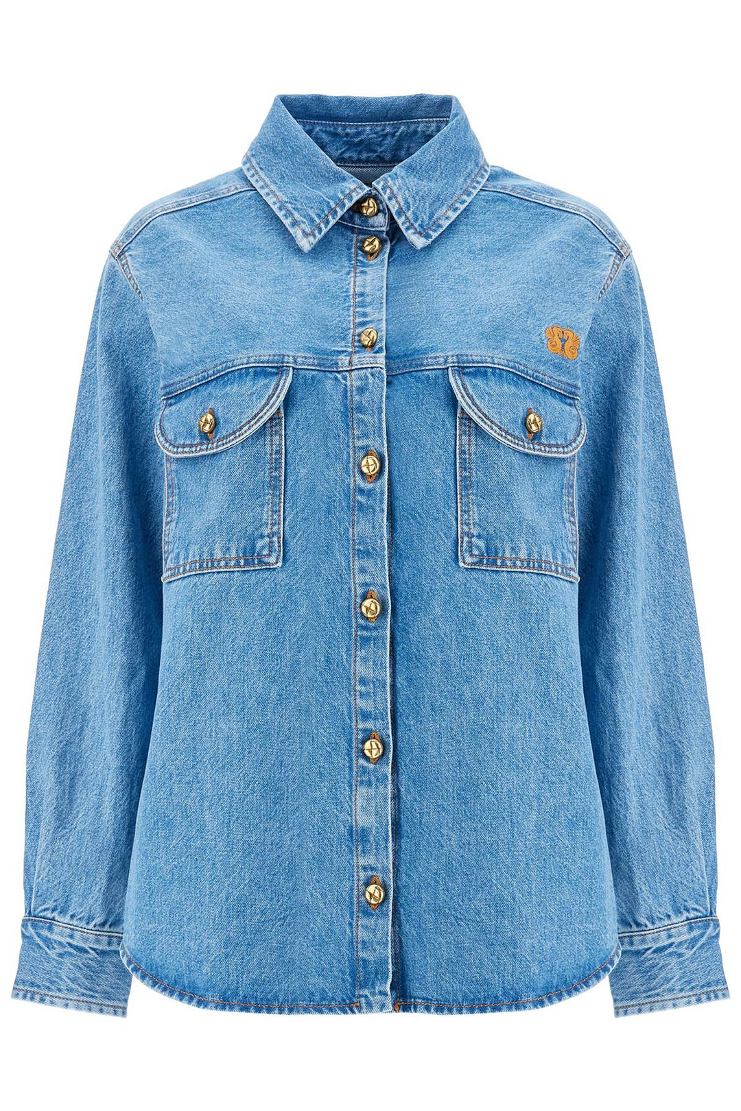 blue denim shirt in cotton with high collar-0