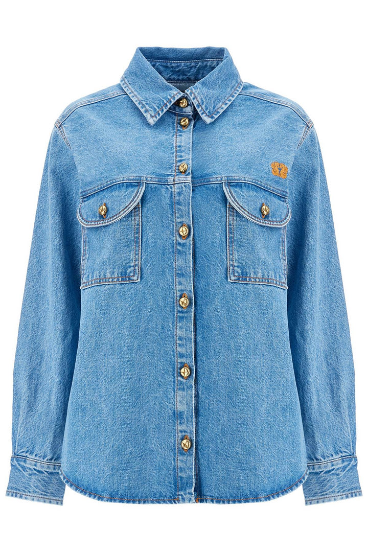 blue denim shirt in cotton with high collar-0