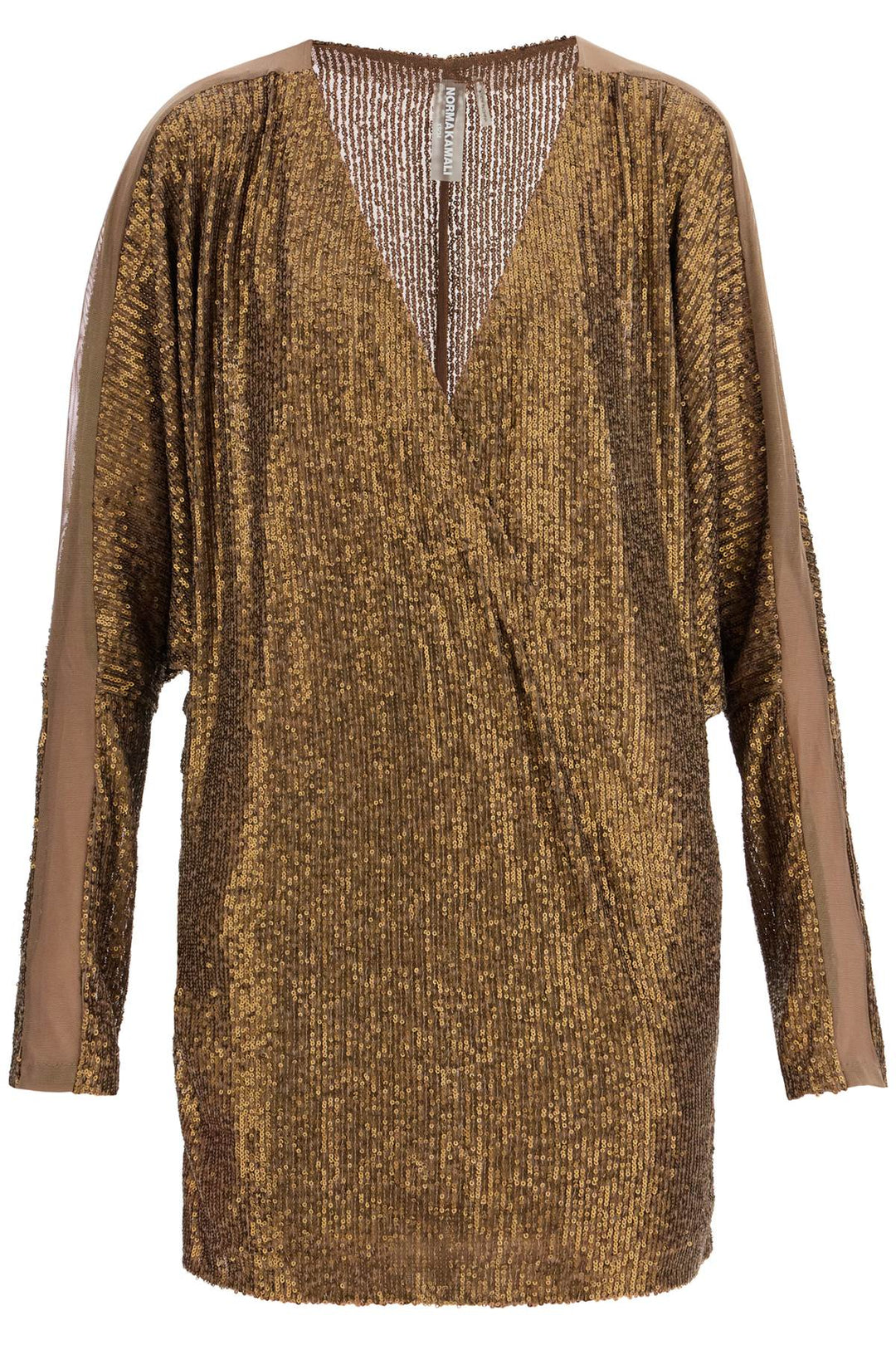 mini wrap dress with v-neck long sleeves shimmering bronze cocktail-0