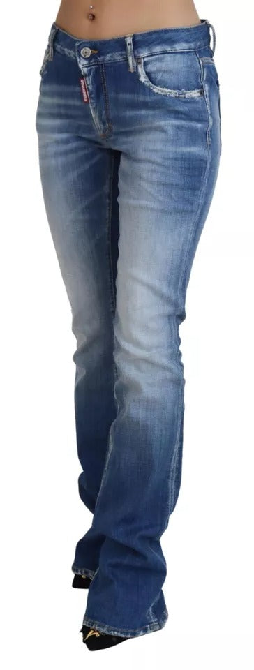 Blue Washed Cotton Mid Waist Flared Denim Jeans