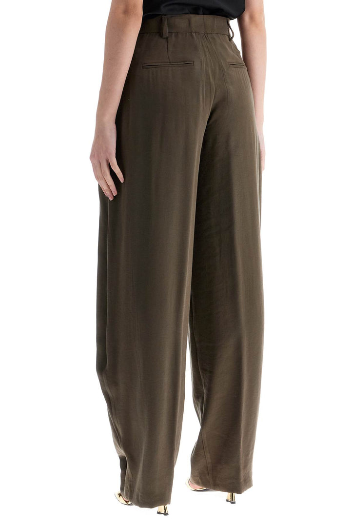 khaki wide leg viscose trousers with front pleats-2