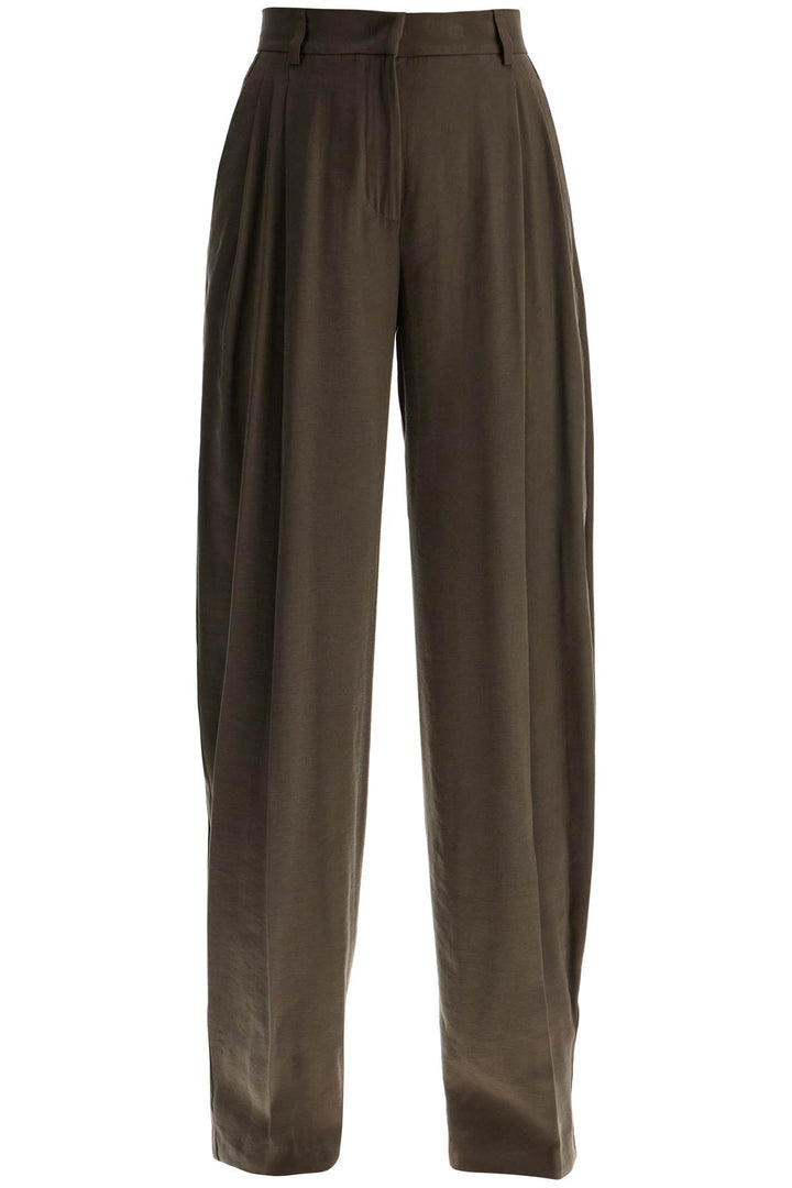 khaki wide leg viscose trousers with front pleats-0