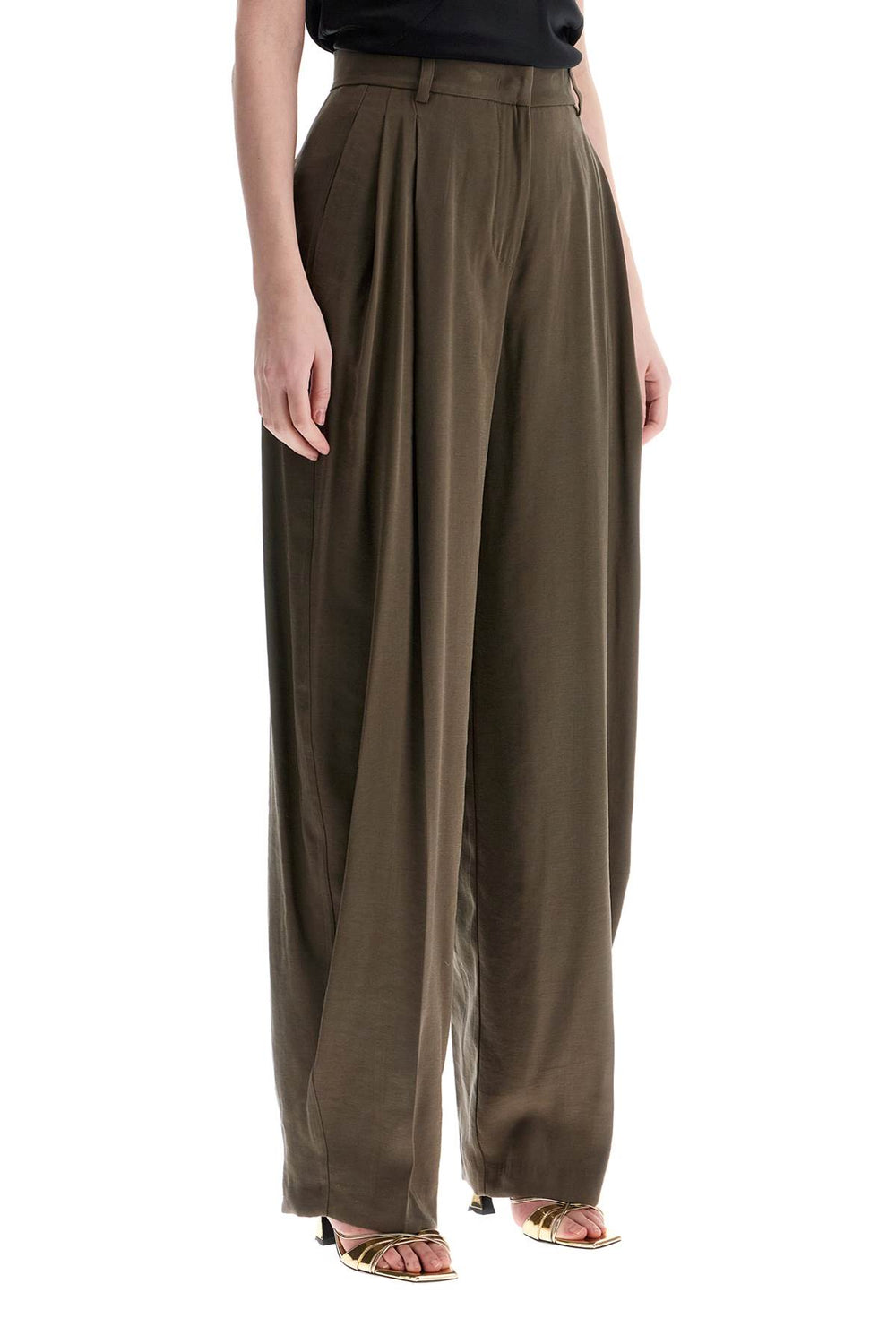 khaki wide leg viscose trousers with front pleats-1