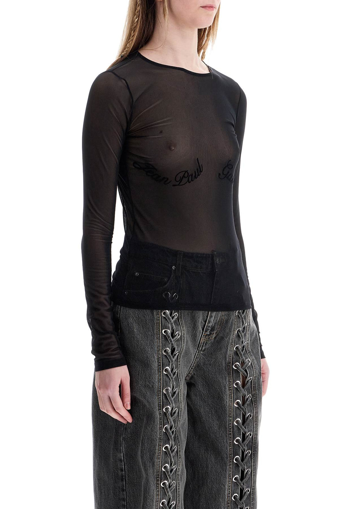 top in mesh velluto nero logato-1