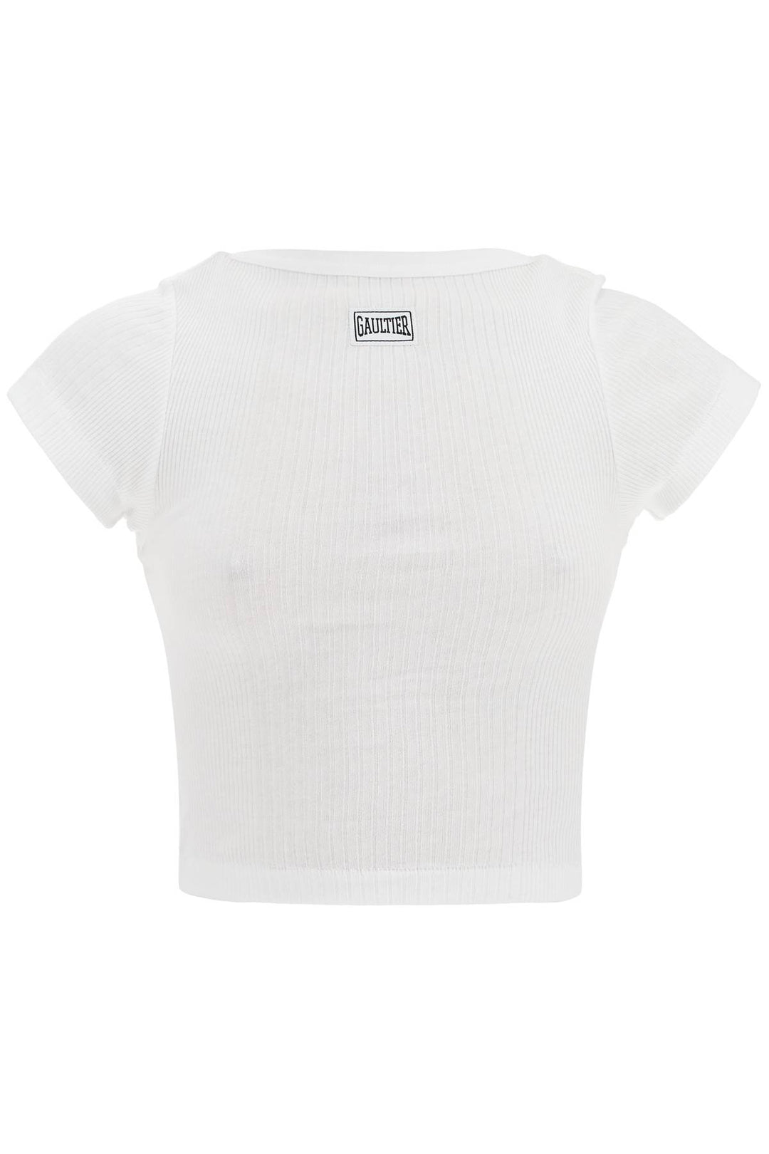 white cotton crop t-shirt with gaultier logo-0