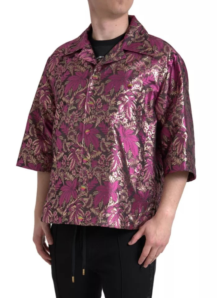 Fuchsia Pink Floral Jacquard Button Down Shirt