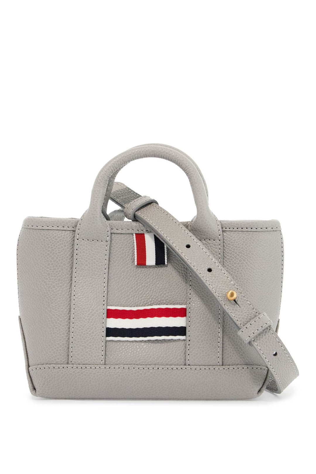 light gray leather micro tool tote bag with tricolor stripes-0