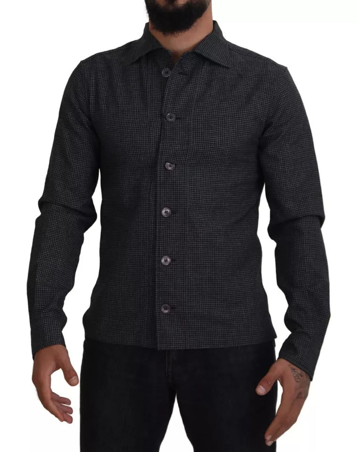 Black Gray Checkered Long Sleeves Collared Casual Shirt