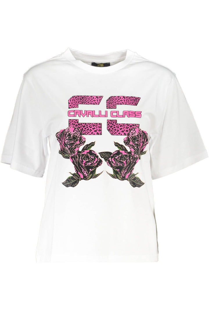 Cavalli Class Chic White Printed Cotton Tee with Designer Flair