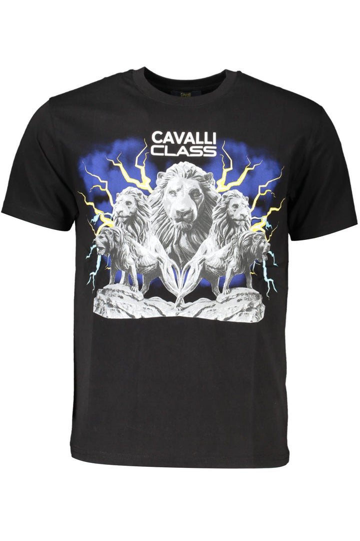 Cavalli Class Elegant Round Neck Black Tee with Classic Print