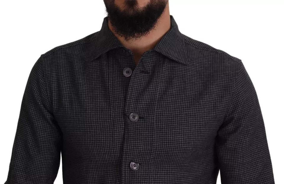 Black Gray Checkered Long Sleeves Collared Casual Shirt