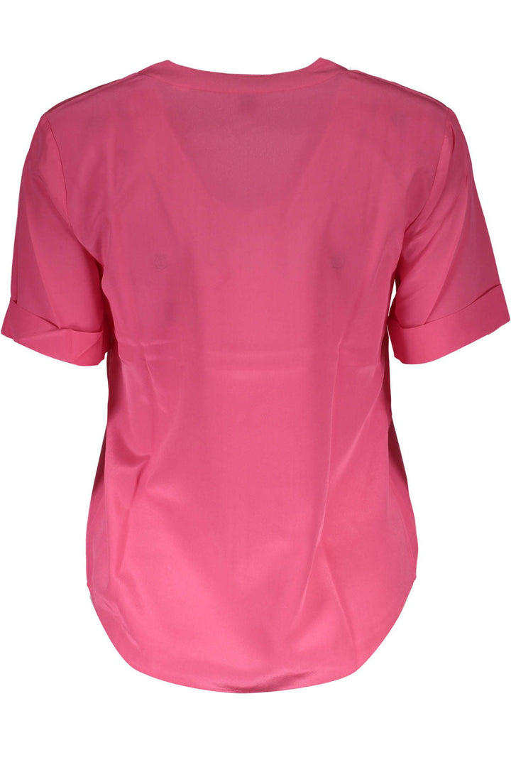 Silk V-Neck Tee in Pink with Logo Accents