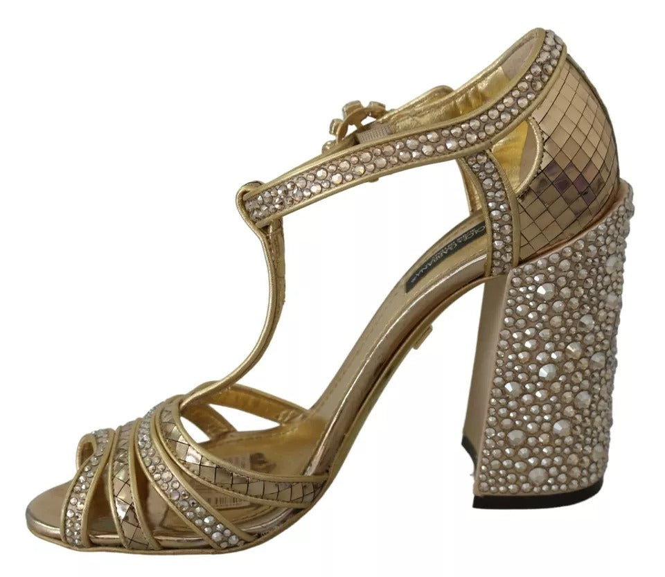 Gold Crystals T-strap Sandals Leather Shoes