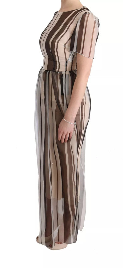 Beige Brown Striped Silk Sheath Dress