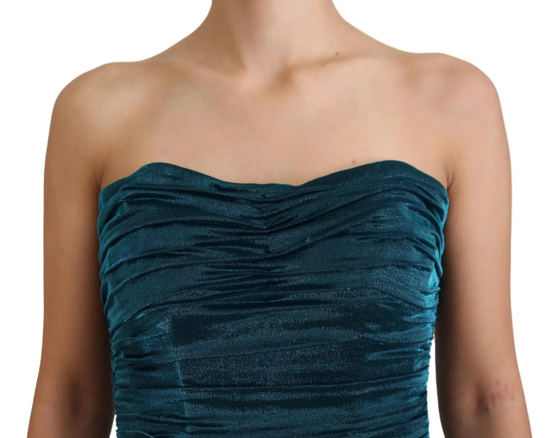 Silk Blend Blue Satin Fitted Strapless Dress