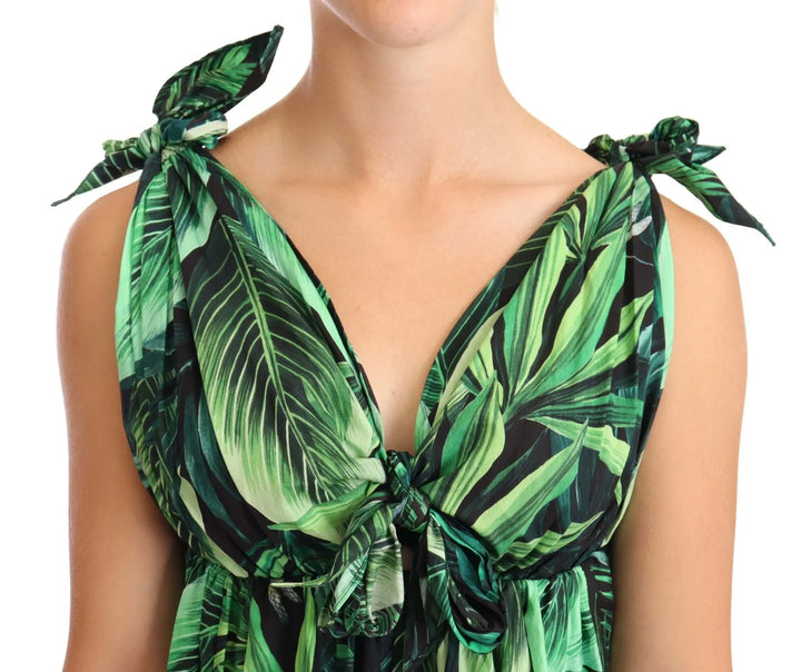 Green Leaves Print Cotton Flared Mini Dress