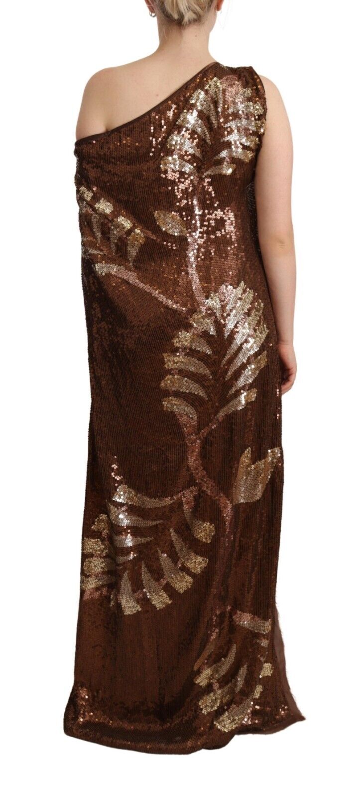 Dsquared² Brown Leaf Sequined Shift One Shoulder Long Dress