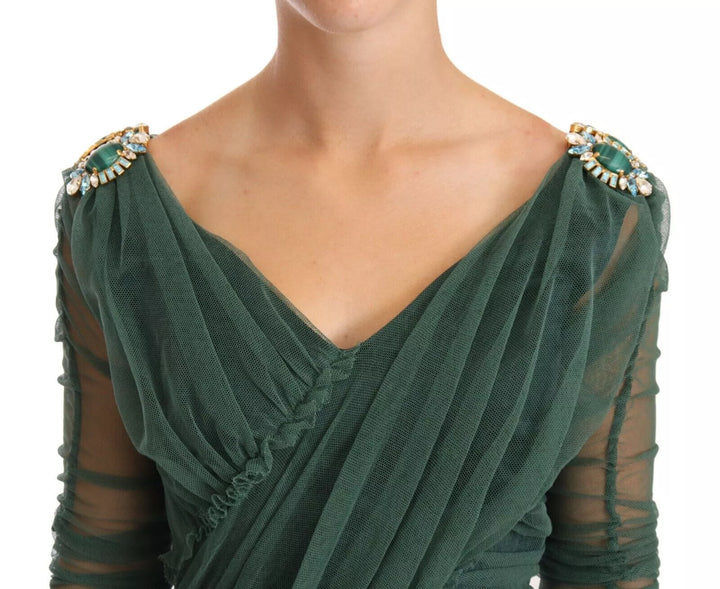 Green Ruched Stretch Tulle Crystal Midi Dress