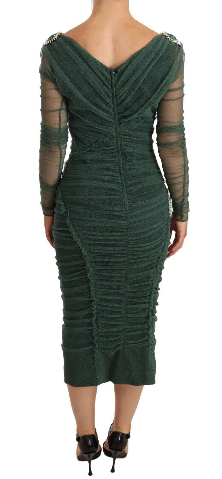 Green Ruched Stretch Tulle Crystal Midi Dress