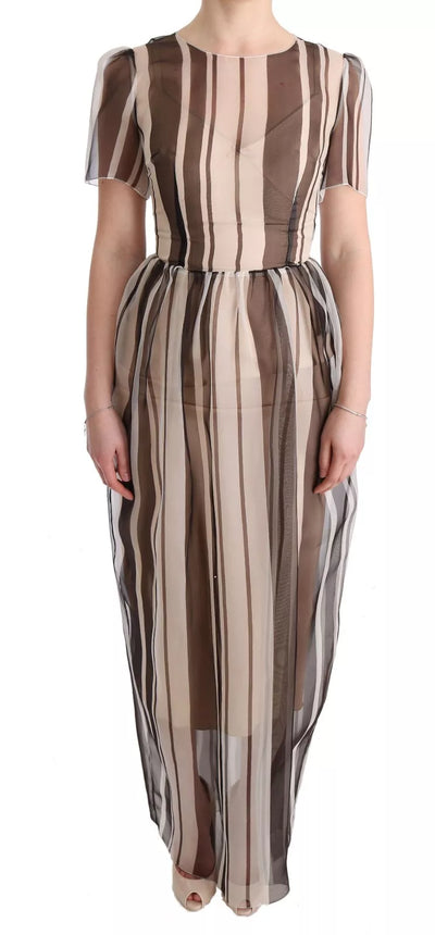 Beige Brown Striped Silk Sheath Dress