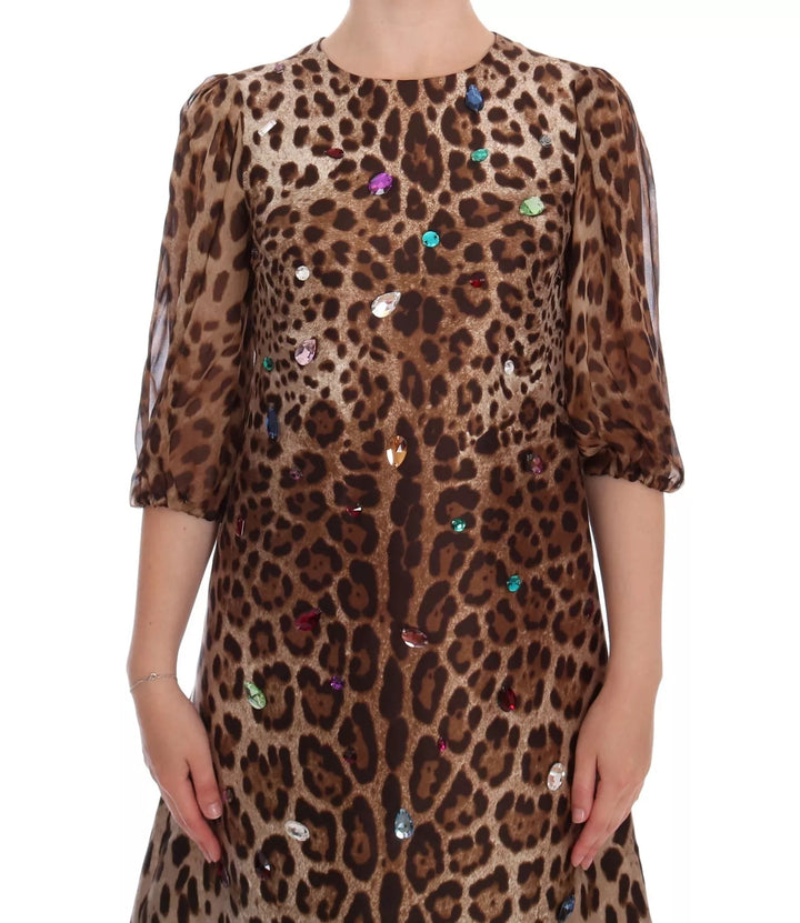 Leopard Silk Wool Crystal Shift Dress