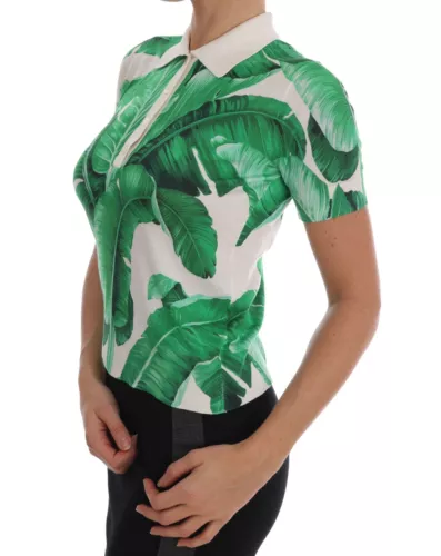 Dolce & Gabbana Green Banana Print Silk Polo T-shirt