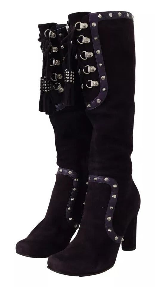 Purple Suede Leather Studded High Boots Shoes