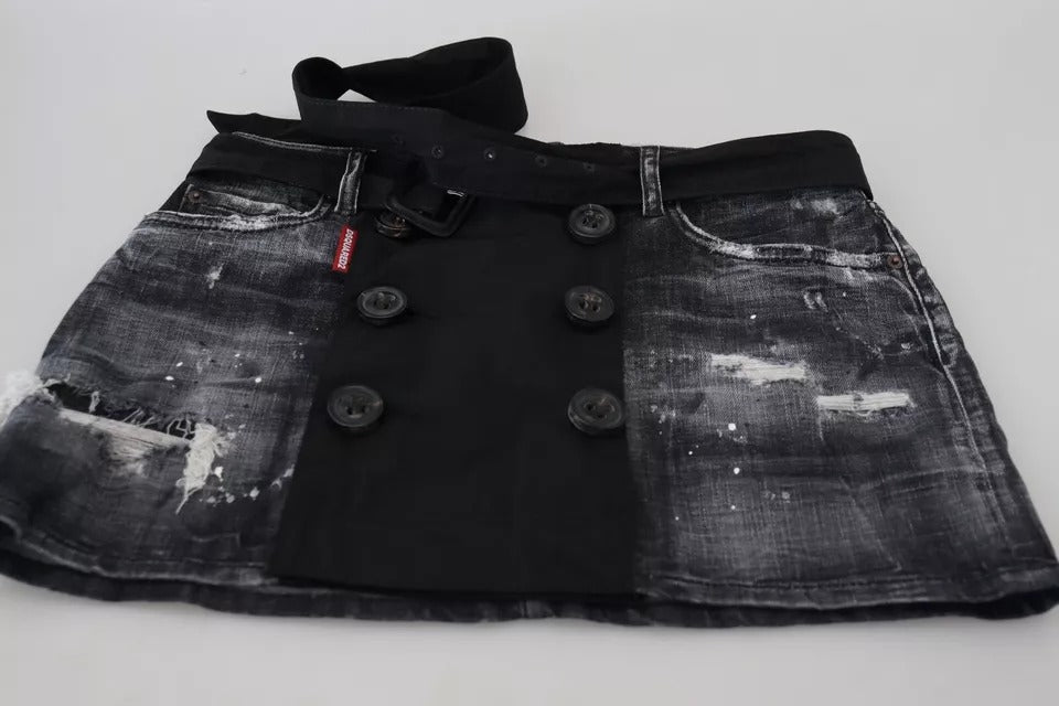 Black Distressed Mid Waist A-line Denim Mini Skirt