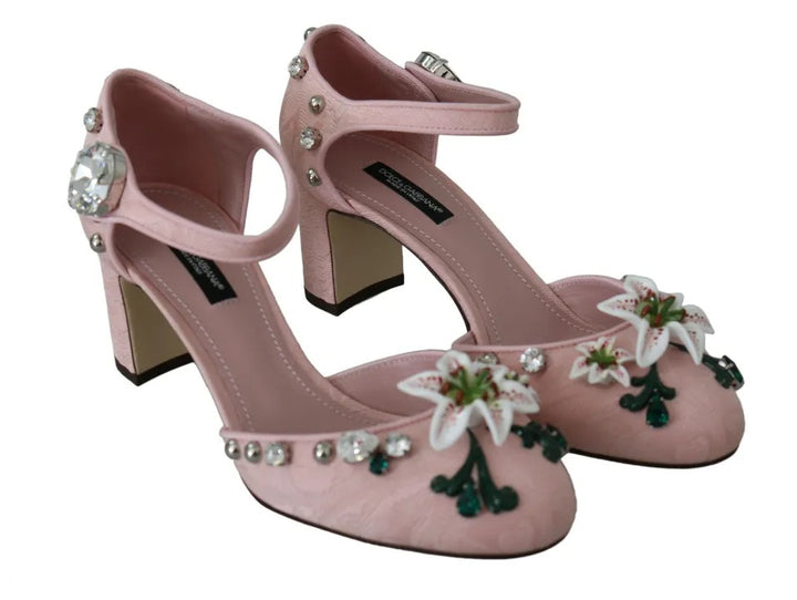 Pink Brocade Crystal Lily Ankle Strap Shoes