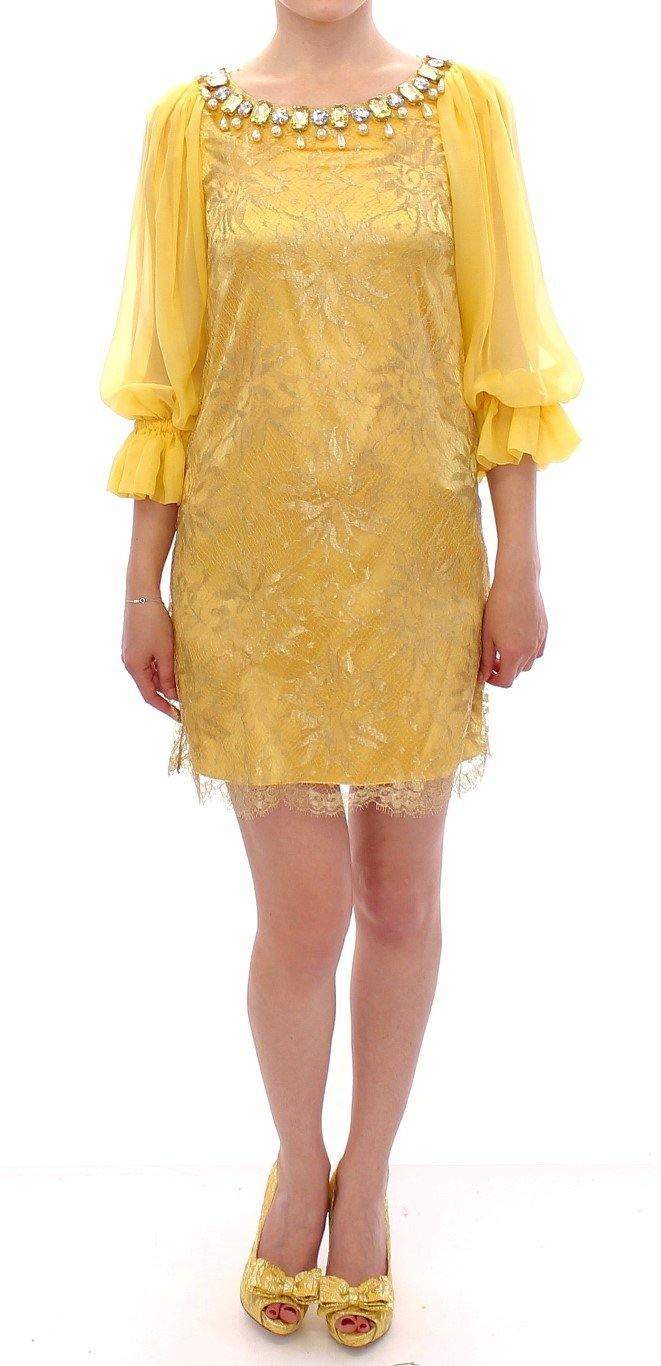 Dolce & Gabbana  Yellow lace crystal mini dress #women, Brand_Dolce & Gabbana, Catch, Clothing_Dress, Dolce & Gabbana, Dresses - Women - Clothing, feed-agegroup-adult, feed-color-yellow, feed-gender-female, feed-size-IT38|XS, feed-size-IT40|S, Gender_Women, IT38|XS, IT40|S, Kogan, Yellow at SEYMAYKA