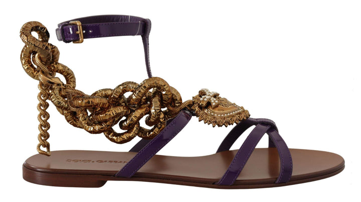 Dolce & Gabbana Purple Leather Devotion Flats Sandals Dolce & Gabbana, EU35.5/US5, EU36.5/US6, EU36/US5.5, EU37.5/US7, EU38.5/US8, EU38/US7.5, EU39.5/US9, EU40/US9.5, feed-1, Flat Shoes - Women - Shoes, Purple at SEYMAYKA