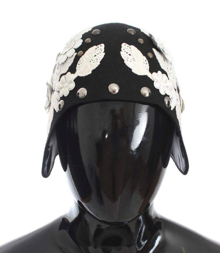 Dolce & Gabbana  Black Wool White Floral Gold Leaf Hat #women, Black, Brand_Dolce & Gabbana, Catch, Dolce & Gabbana, feed-agegroup-adult, feed-color-black, feed-gender-female, feed-size-OS, Gender_Women, Hats - Women - Accessories, Kogan at SEYMAYKA