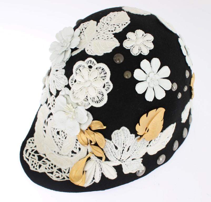 Dolce & Gabbana  Black Wool White Floral Gold Leaf Hat #women, Black, Brand_Dolce & Gabbana, Catch, Dolce & Gabbana, feed-agegroup-adult, feed-color-black, feed-gender-female, feed-size-OS, Gender_Women, Hats - Women - Accessories, Kogan at SEYMAYKA