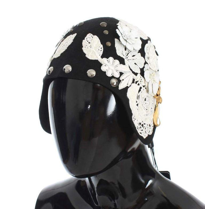 Dolce & Gabbana  Black Wool White Floral Gold Leaf Hat #women, Black, Brand_Dolce & Gabbana, Catch, Dolce & Gabbana, feed-agegroup-adult, feed-color-black, feed-gender-female, feed-size-OS, Gender_Women, Hats - Women - Accessories, Kogan at SEYMAYKA